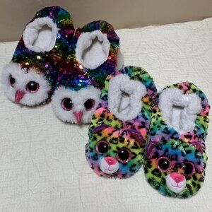 US 13 Ty Gear Slippers Plush Dottie & Sequinned Owen Rainbow Slippers